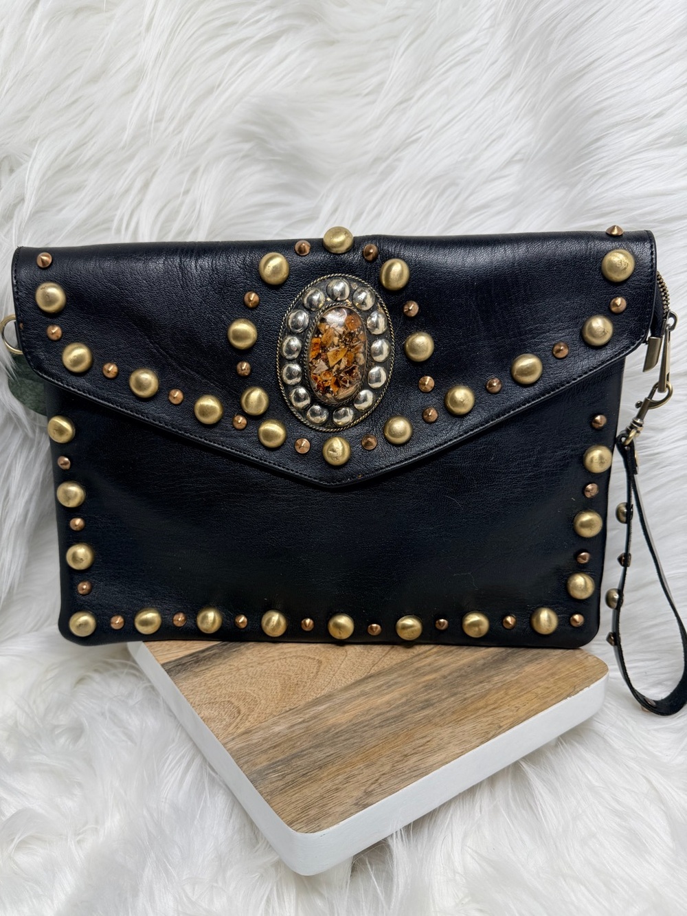 Black Studded Leather Wristlet Clutch with Decorative Centerpiece